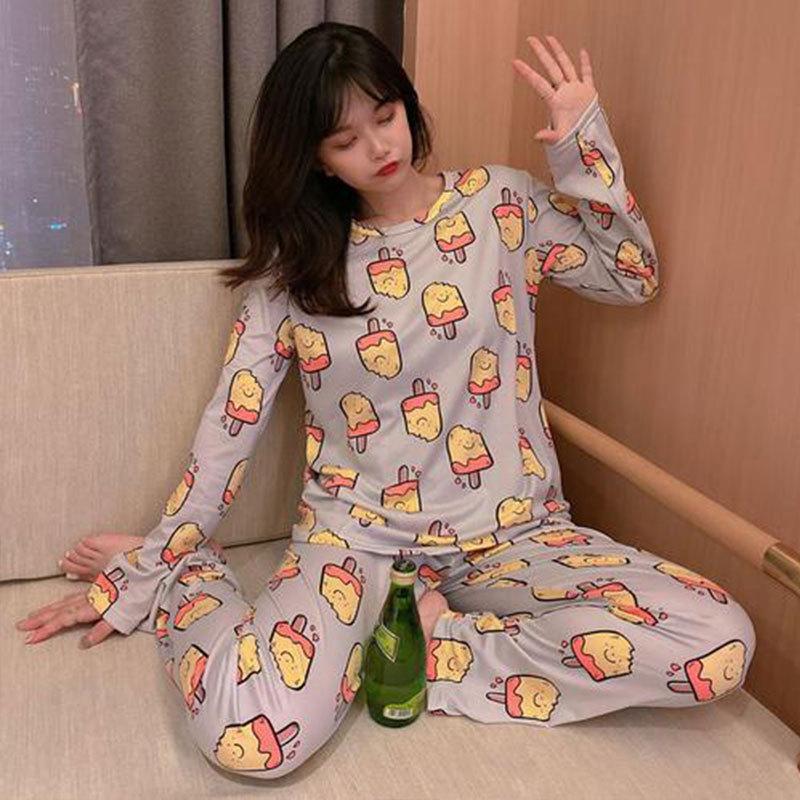 Женский мультяшный пижамный комплект - Рубашка с длинным рукавом и брюки, Домашняя одежда для маленьких студенток на весну и осень