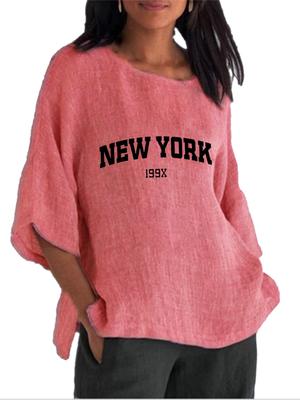 Женская модная рубашка с принтом и круглым вырезом, весна-лето, топ с рукавом 3/4, женская хлопково-льняная блузка