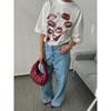 Women's Summer Harajuku Lips Fun Printed Women's Cotton T-shirt Fashion Large Couple Printed Casual Street Wear T-shirt