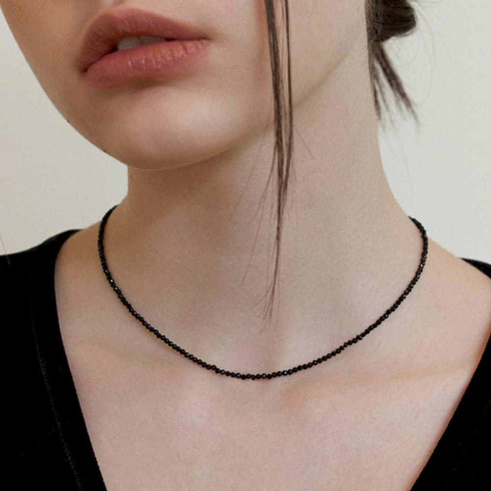 Edie Silver 925 Crystal Black Beaded Gemstone Choker Necklace