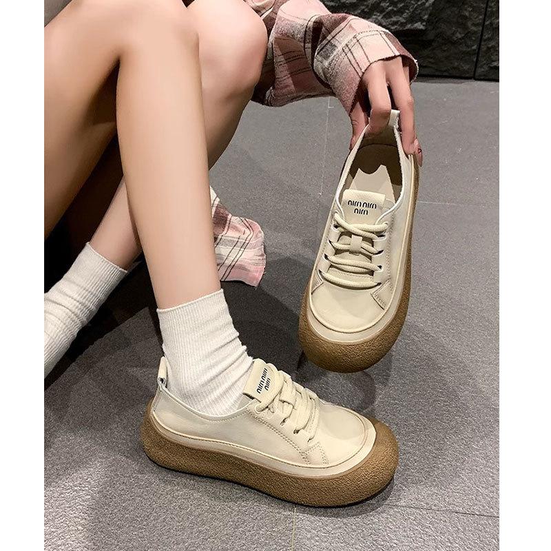 Cowhide Version Leather Retro Women's Shoes Soft-soled Mother Single Shoes 2025 Spring and Summer New Thick-soled Casual Beanie White Shoes