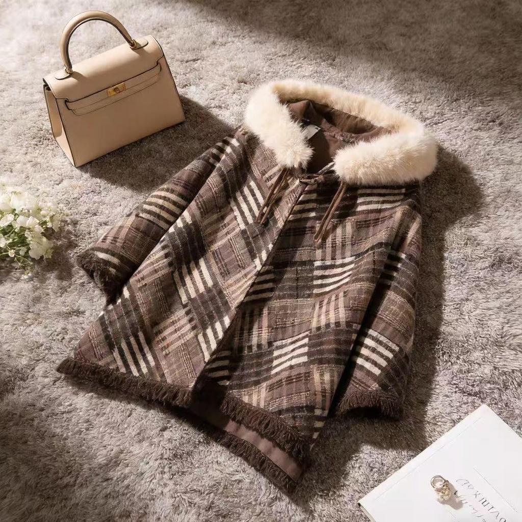 Высококачественный клетчатый кейп-шаль-пальто в стиле Майяра для женщин, маленькие размеры - Издание Осень/Зима 2026