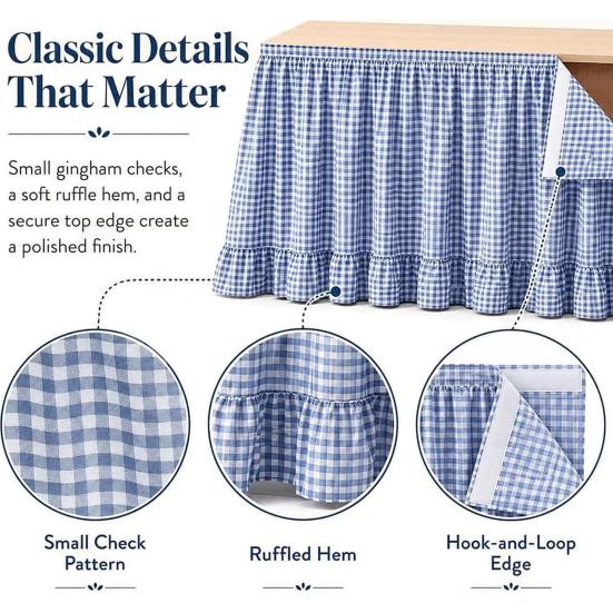 Reusable Table Accessories for School Ruffled Plaid Skirt, Durable Polyester Cover with Hook And Easy to Attach Skirting Loop Fasteners, Decorative