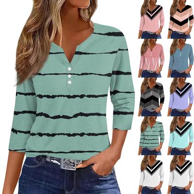 Жен. Футболка Футболка С принтом Пуговицы Рукав 3/4 Повседневные Выходные Мода Классический Классический V-образный вырез Обычный Верх