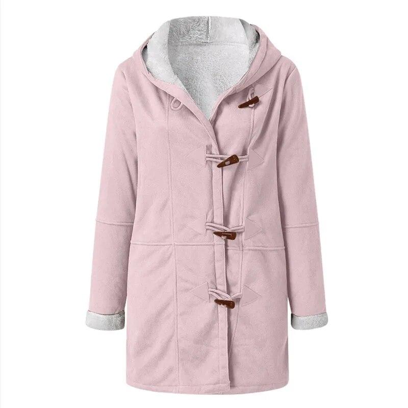 Winter Fashion Warm Thickened Long Sleeved Cowhide Button Womens Coat With Hat Casual Velvet Solid Ladies Outwears 30431