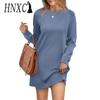 Женская мода осень-зима однотонный принт длинный рукав O-образный вырез повседневные платья