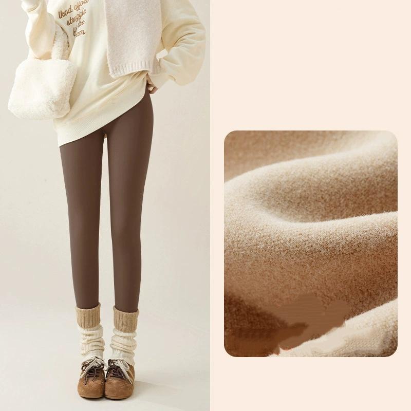 Осенне-зимние леггинсы из кроличьего флиса Sharkskin, женские повседневные базовые утолщенные теплые леггинсы, коричневые колготки с флисовой подкладкой