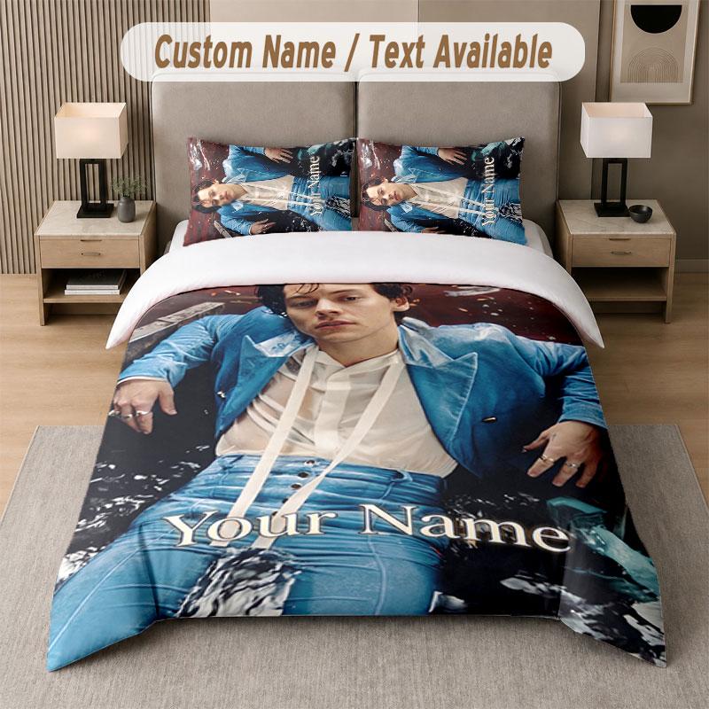 Custom Bedding Set Harry Styles Pattern, Print Name Text 1 Duvet Cover plus 2 Pillowcases Home Textile