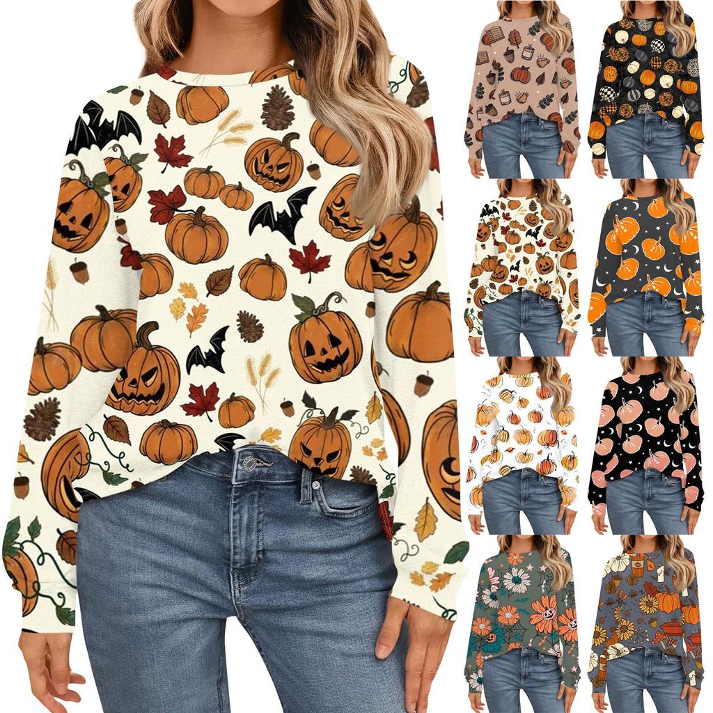Women's Fashion Long Sleeve Shirts Loose Fitted Crewneck Basic Halloween Print Tops Casual Outfits