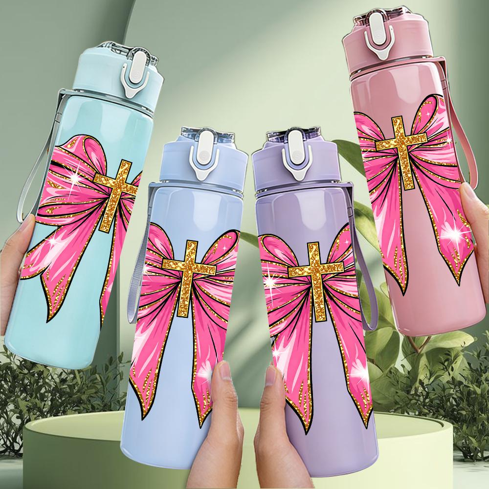 1PC Shiny Large Pink Bow 750ml Color Plastic Sports Water Bottle Leakproof Flip Straw Lid Suitable for Sports Office Home Use