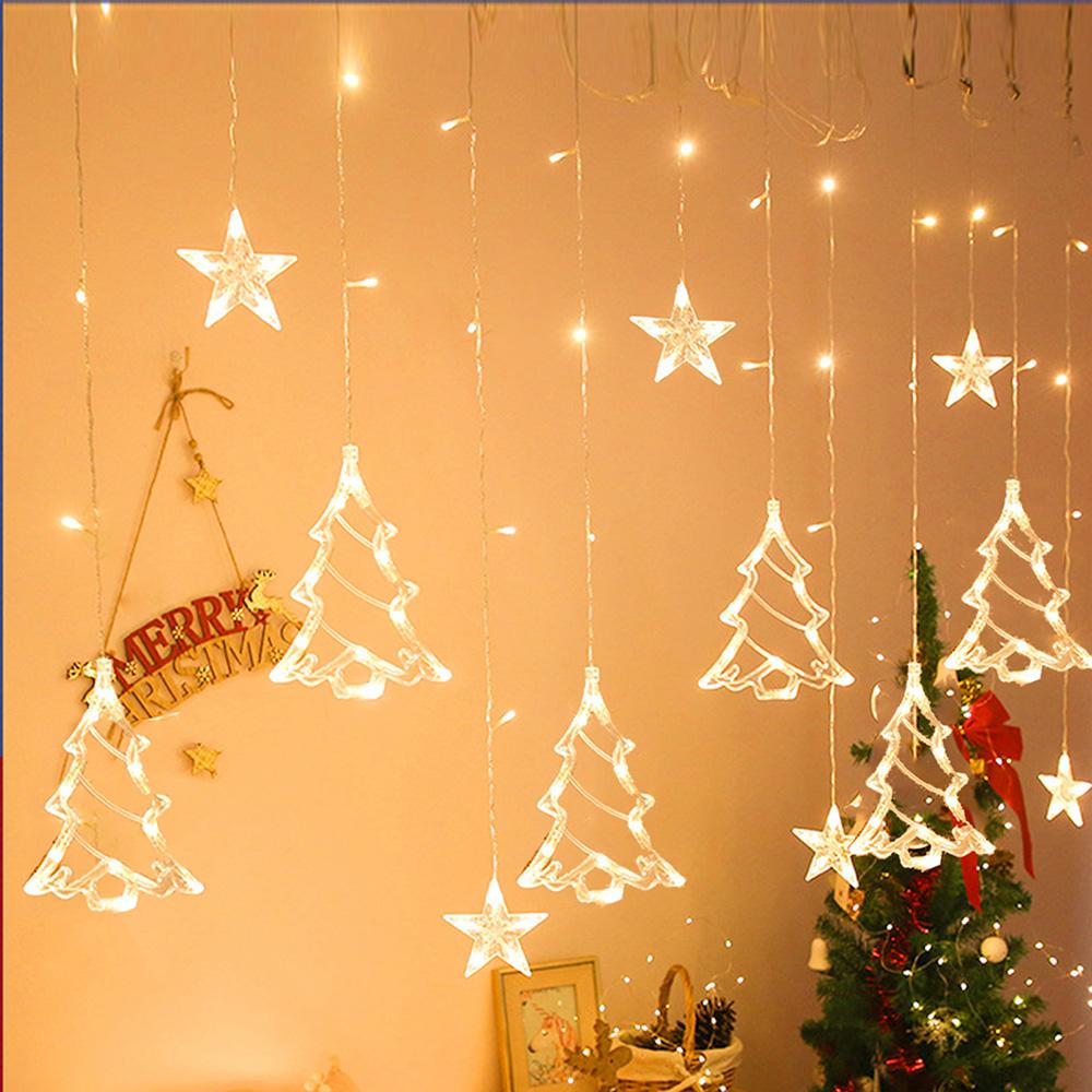 Рождественские занавески на окнах, гирлянды, колокольчики, деревья, олени, звезды, фонари, батарейки