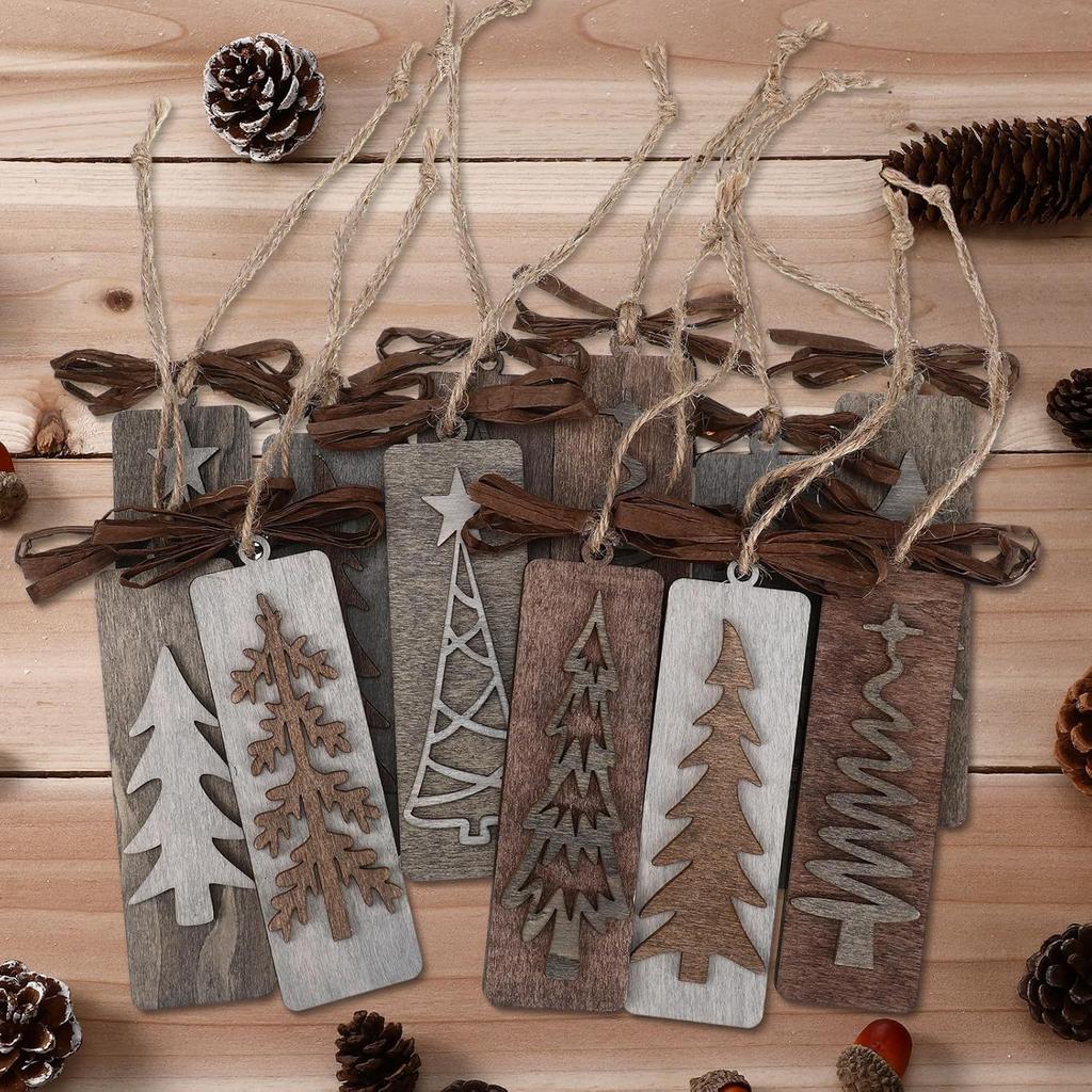 Gray Brown Retro Wooden Christmas Tree Ornaments, Festive Home Tabletop Party Decor