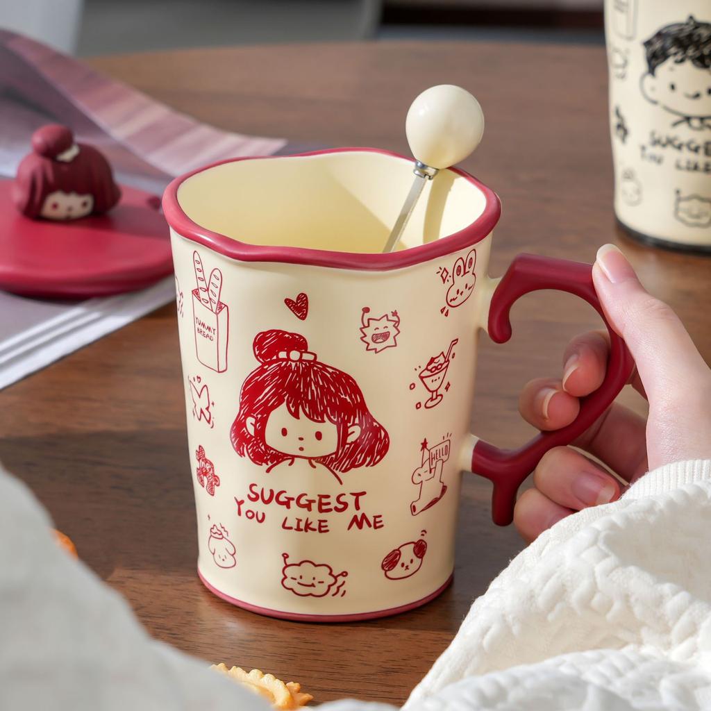 Graffiti Mug with Lid Spoon Ceramic Water Cup Couple with Large Capacity Hand Painted Gift for Girls Niche Birthday Gift