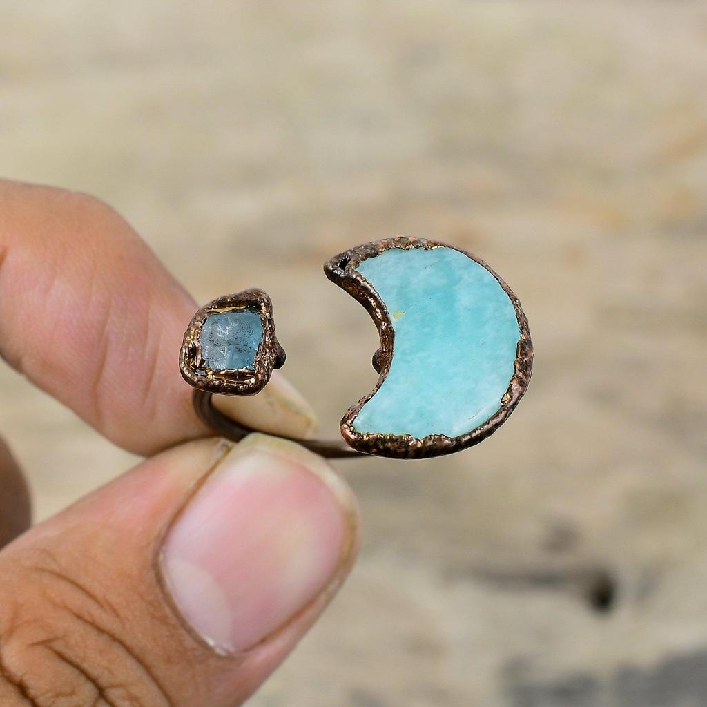 Кольцо с амазонитом, грубое кольцо с неоновым апатитом, медное кольцо, изготовленное гальванопластикой, регулируемое кольцо, ювелирные изделия, изготовленные методом гальванопластики, кольцо ручной работы с драгоценным камнем, подарок для нее
