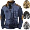 Sailing Adventure Fashion 3D Digital Printing Retro Men's Casual Half Zipper Long Sleeved Street Trendy Polo Shirt