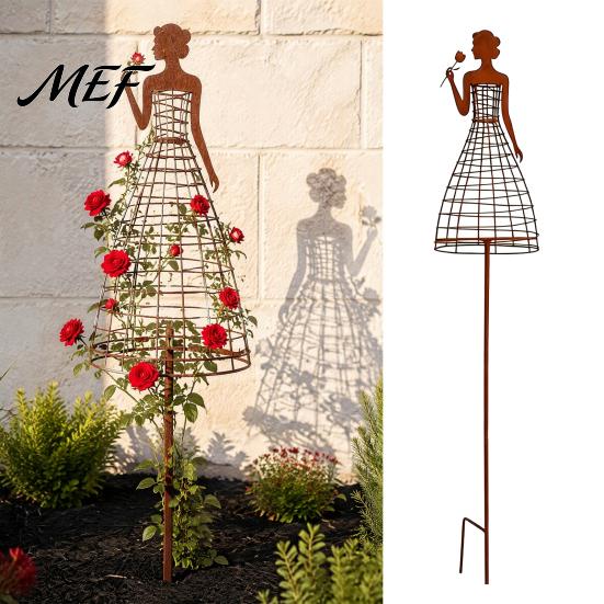 Elegant Female Silhouette Art Metal Lady Garden Trellis for Climbing Plants, Weatherproof Plant Support Stake, Country Style Decorative Woman Outdoor