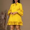 C8570 European & American Plus Size Women's 2024 Ruffle Tie Dress with Stacked Sleeves - Solid Color, Elegant Style.