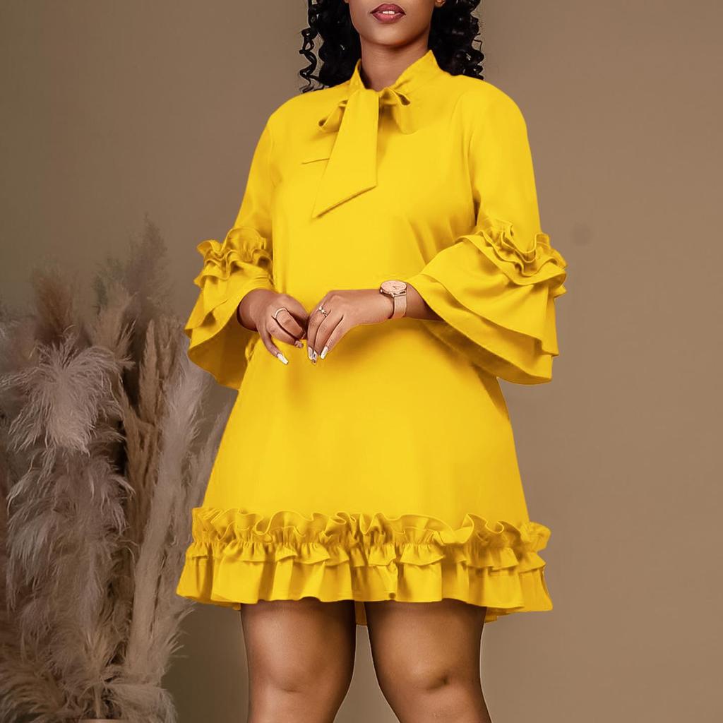 C8570 European & American Plus Size Women's 2024 Ruffle Tie Dress with Stacked Sleeves - Solid Color, Elegant Style.