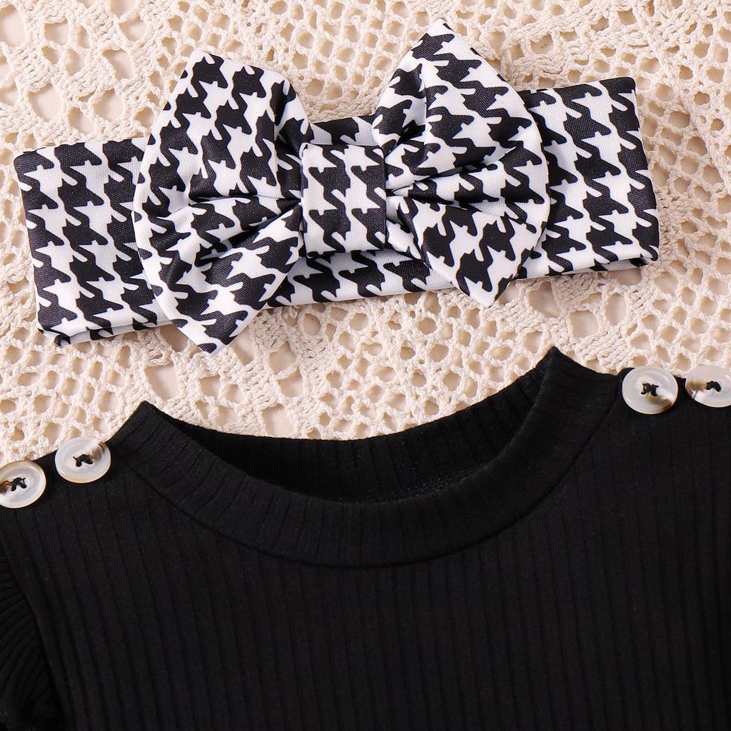 2 шт. Осенью для девочек в возрасте от 0 до 1 года: удобный, милый и симпатичный черный топ + юбка с узором «гусиная лапка» + повязка для волос