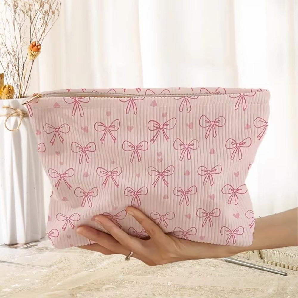 Cherry Cosmetic Storage Bag Pink Bow Corduroy Cosmetic Pouch Corduroy Makeup Bag For Women