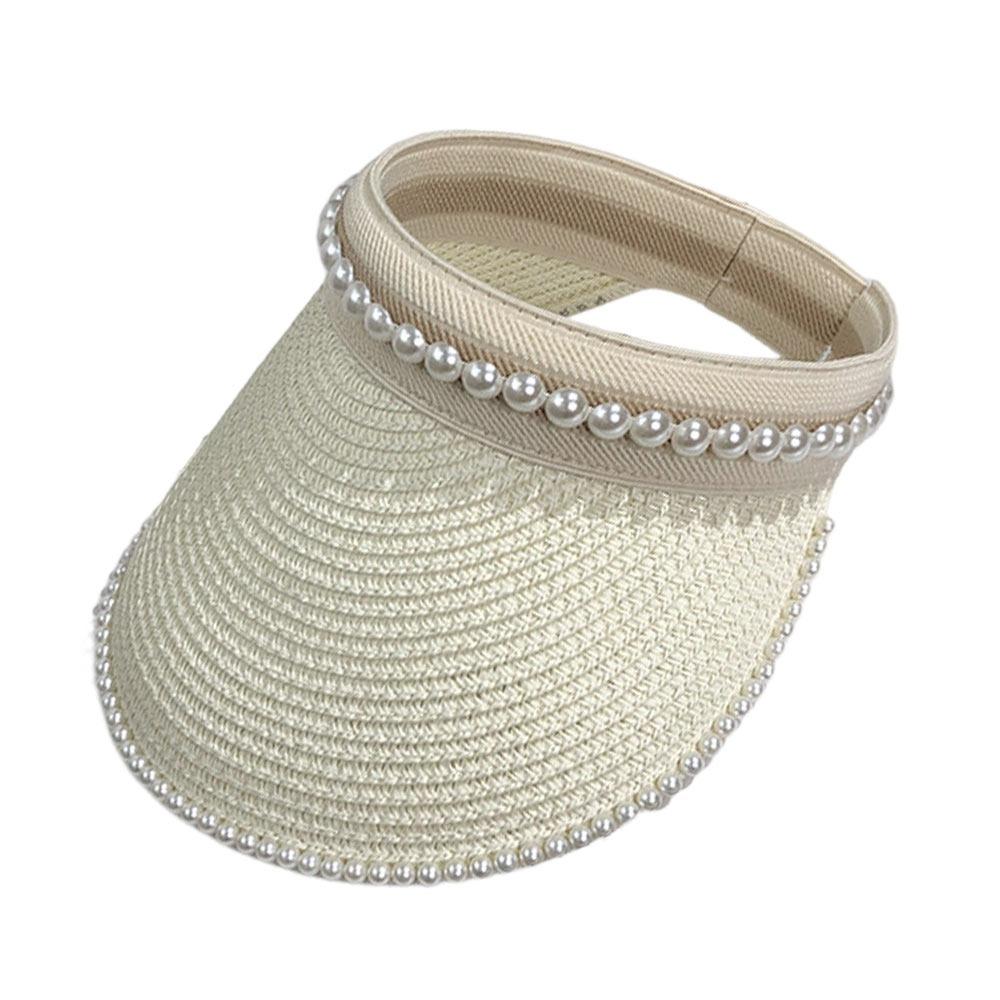 Wide Brim Sun Hat Pearl Decorated Straw Hat Imitation Pearl Beach Hat UV Protection