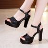 Plus Size 32-43 Block Heels Buckle Platform Sandals Women Wedding Shoes Summer 2025 Floral Carved High Heels Sandals Office