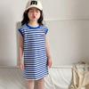 2024 Платье-футболка миди без рукавов в полоску в корейском стиле для девочек