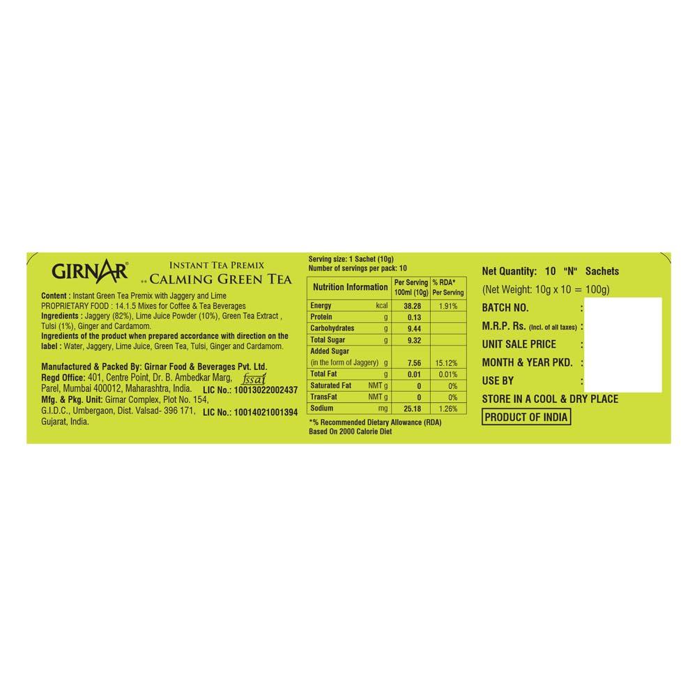 Girnar Instant Premix Calming Green Tea 100g 10 Sachets | Instant Basil Ginger Tea
