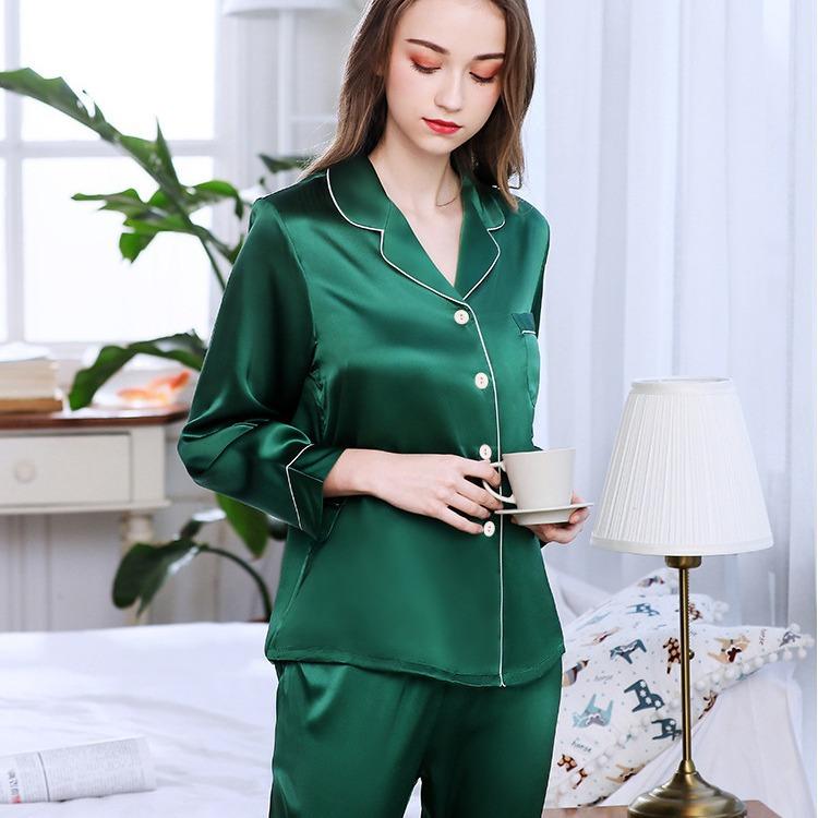 Женский пижамный комплект из атласного шелка на пуговицах, комплекты пижам с длинным рукавом и V-образным вырезом, домашняя одежда для сна