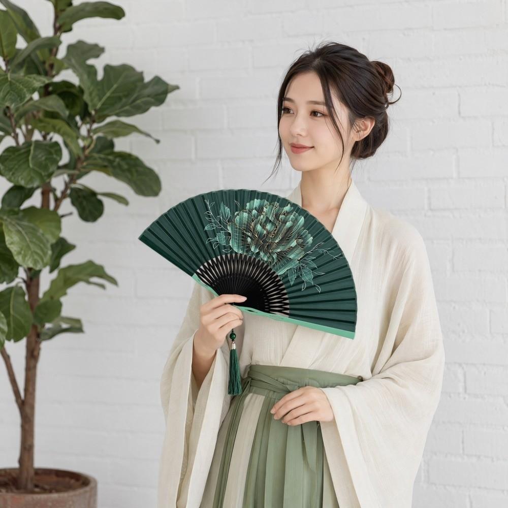 Bamboo Frame Folding Hand Fan Peony Flower Dance Fan Gentle Design Retro Handheld Fan Gift Giving