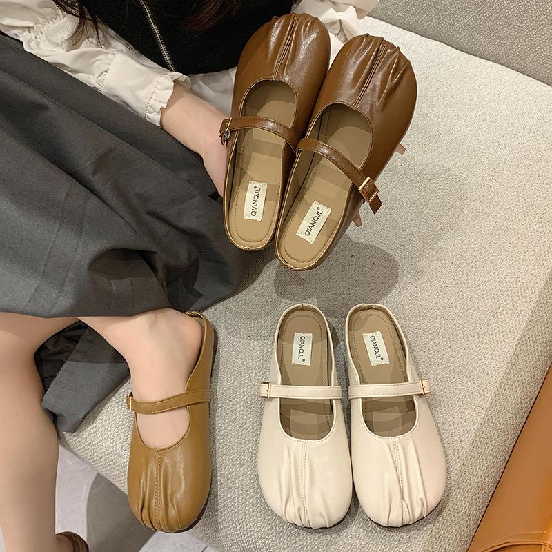 French Bag Head Empty Slippers Women's Summer Outer Wear Folds Niche Design Sense Flat Bottom Word with Cool Slippers with Heel