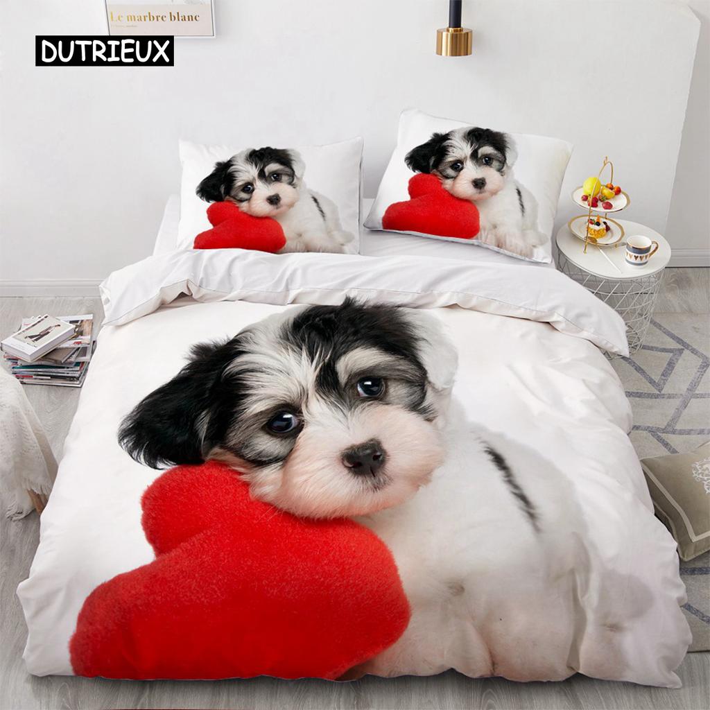Комплекты постельного белья Lovely Animal 3D, белый пододеяльник, комплект стеганого одеяла, постельное белье, наволочка, размер King Queen 200*220 см, для собак, домашних животных, собак