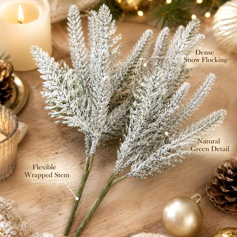 Artificial Christmas Frosted Pine Branches Snow Pine Needle Branch Flocked Greenery Pine Sprigs Xmas Tree Wreaths Decor