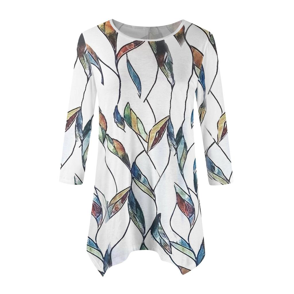 Женская модная повседневная рубашка с круглым вырезом и цветочным принтом, рукавами-семью, свободным удобным топом с поясом