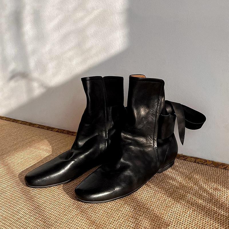 Кожаная ниша полированные ботинки Мартин женские осенне-зимние ботильоны Челси бант на плоской подошве плиссированные ботинки на наборном каблуке