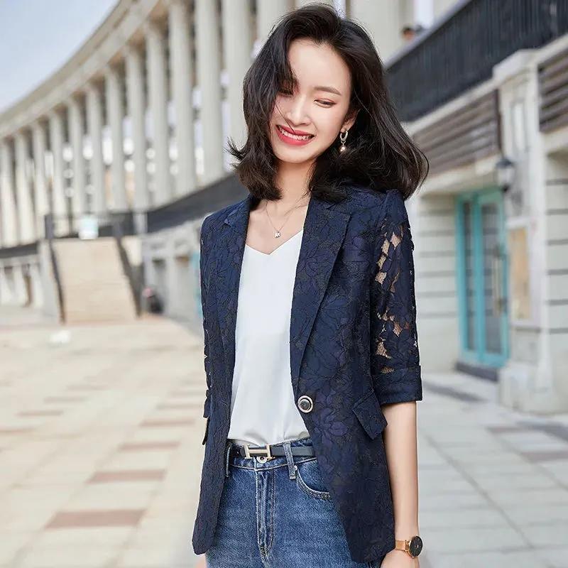Lace Suit Coat Women's Large Korean Version Spring and Summer Three-quarter Sleeve Top Sunscreen Shirt Cut-out Thin Suit