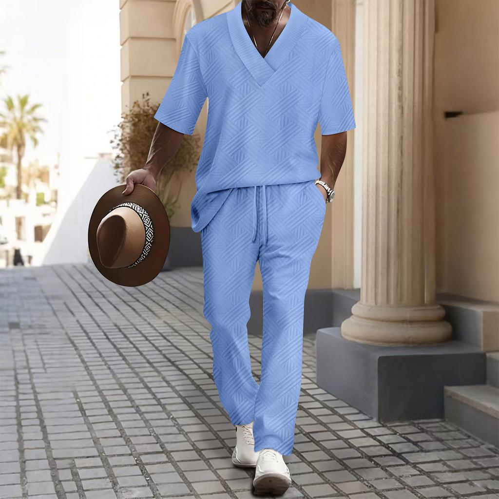 Мужской однотонный повседневный комплект из двух предметов с короткими рукавами и воротником