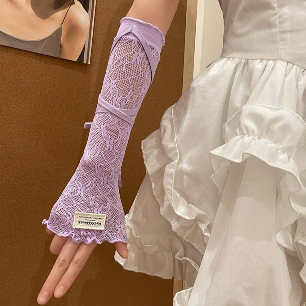 Elastic Sun Protection Sleeves Sweet Fingerless Gloves Lolita Y2K Lace Arm Sleeves  JK