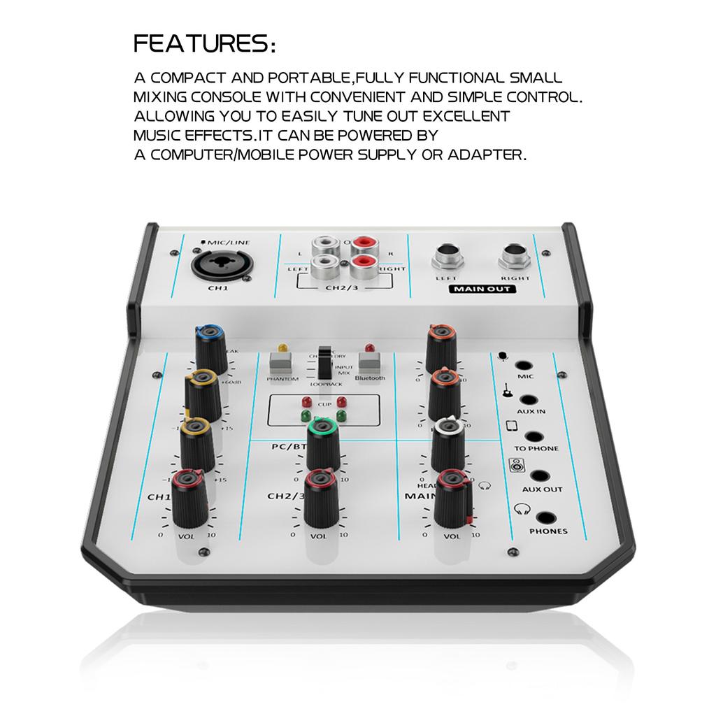 Audio Mixer 3-Channel Mixing Console 48V Phantom Power for Home Studio Recording DJ Network Live