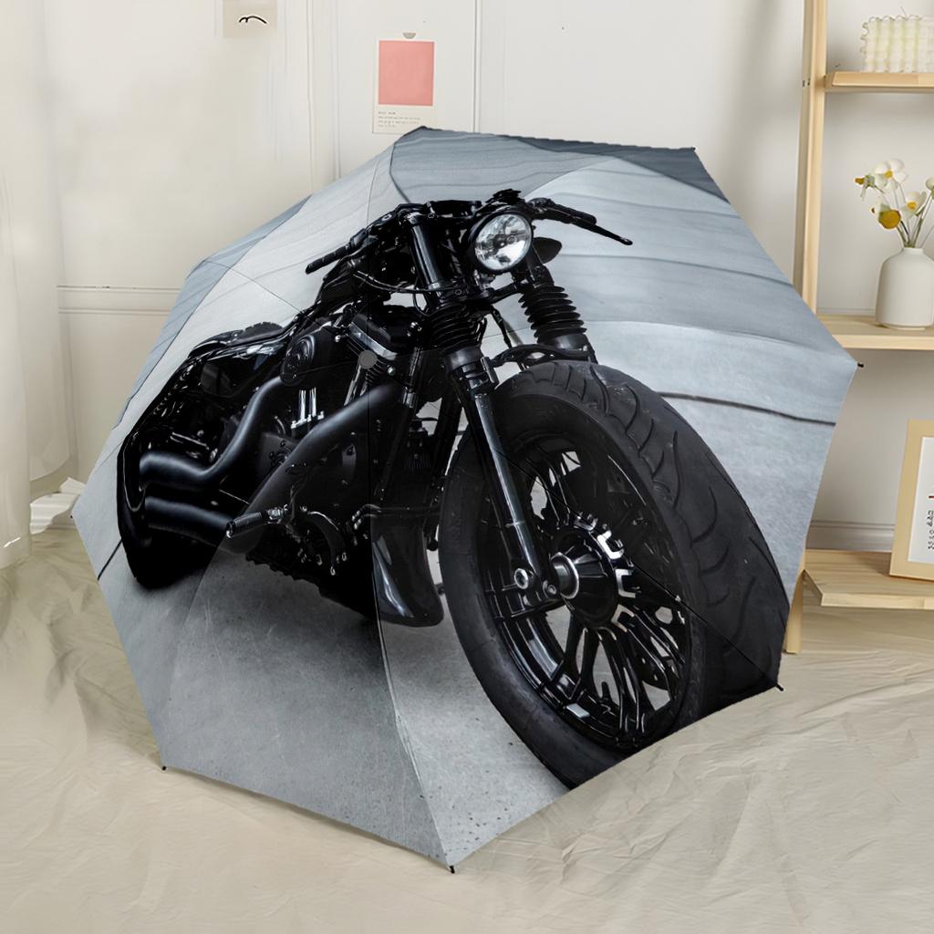 Black Motorcycle Design Automatic Umbrella Sturdy 8-Rib Shaft Durable Plastic & Iron All-Season Umbrella for Travel Outdoor Accessory Spiritual Gift