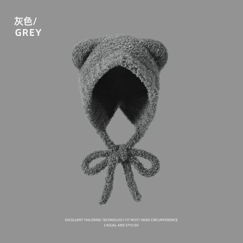Осень и зима милый медведь женский плюшевый головной убор теплый для лица маленькая вязаная шерстяная шапка большой окружности головы шапка для защиты ушей