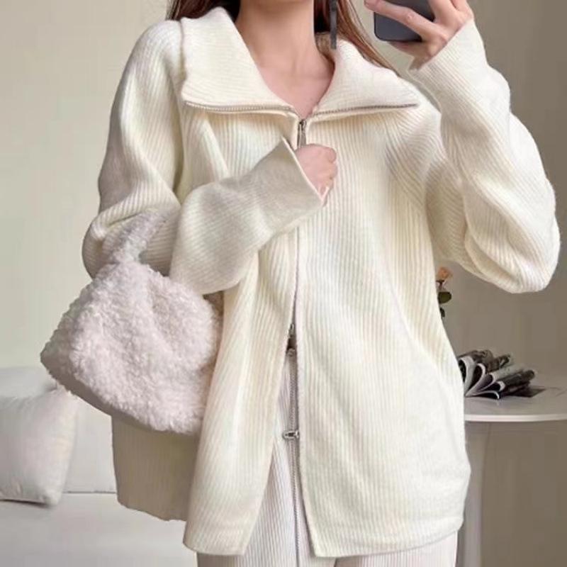 2024 Женский нишевый вязаный кардиган: Стильный весенне-осенний дизайн, толстый лацкан, куртка-свитер на молнии