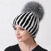 Women's Mink Fox Fur Winter Hat Striped Knitted Beanie with Pompom, Warm Fashionable Trapper Cap for Cold Weather