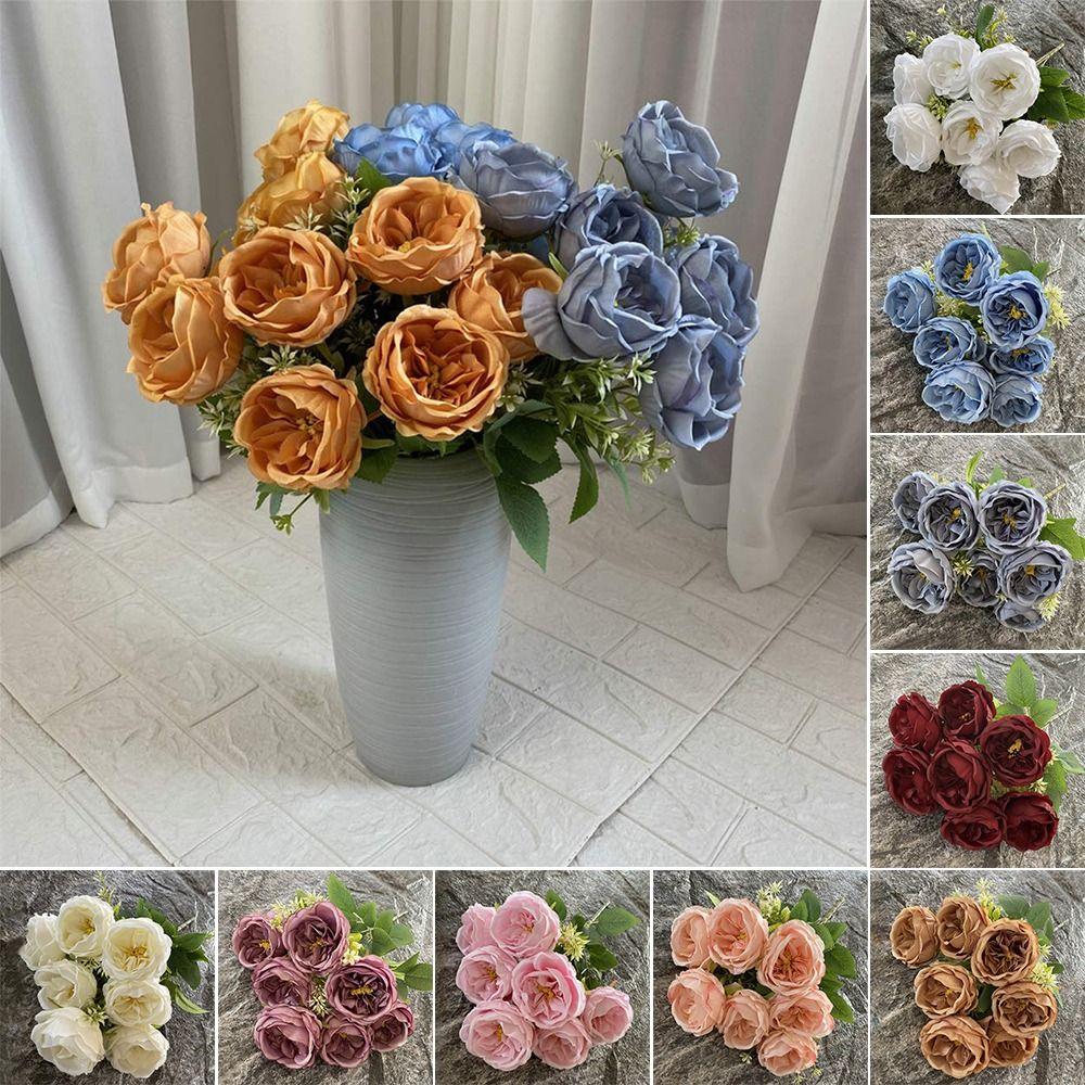 7 Heads Artificial Flower Rose Brushed Fabric Petal Flower Bouquet Faux Austin Rose  Party Supplies