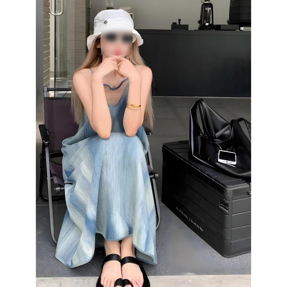 Женское летнее приморское свободное пляжное платье, праздничное ленивое длинное платье, ретро синее платье на бретелях с размытым принтом