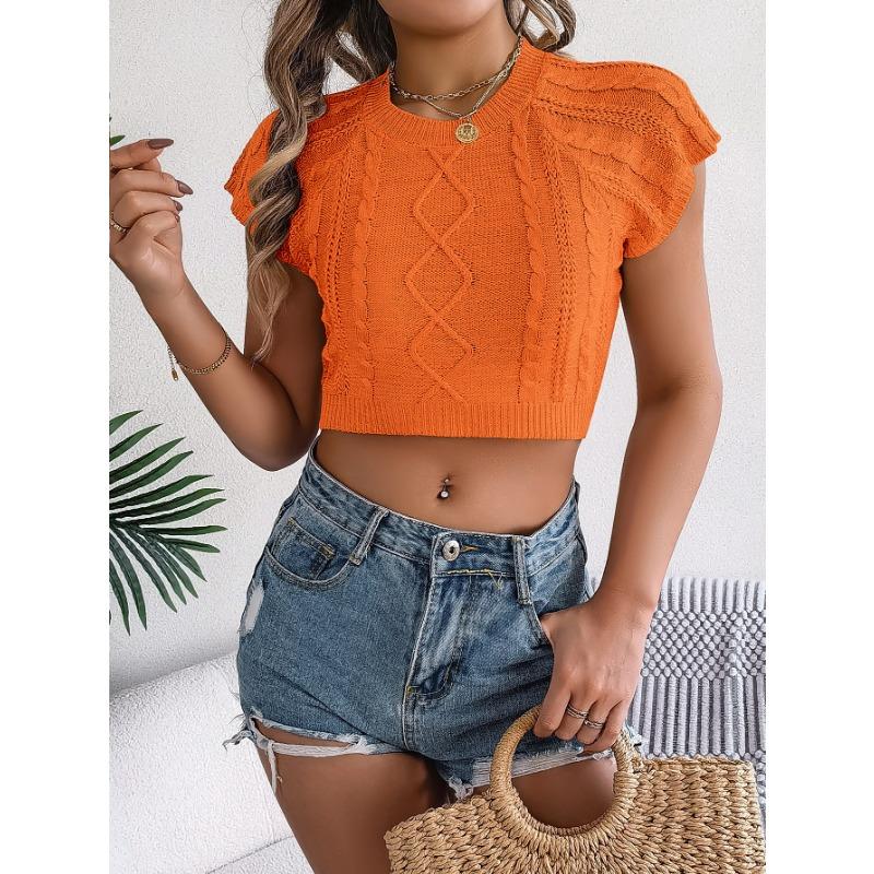Spring Summer Women's Casual Solid Colour Twist Short Sleeve Knit Holiday Short Cord Top