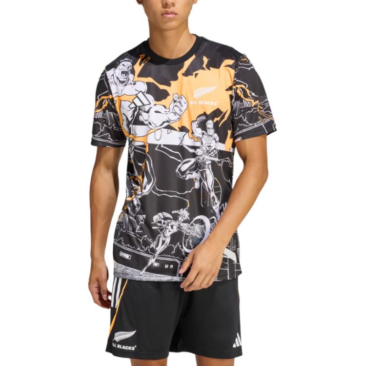 Adidas X Коллаборация Marvel Регби FW25 Разминочная футболка капитанов All Blacks Влагоотводящая Приталенного кроя Футболка регби с круглым вырезом и коротким рукавом Мужские топы JV7531