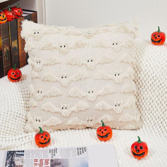 Halloween Decorative Pillow Cover Soft Plush Throw Cushion Case with 3D Embroidered Ghost Pumpkin Design for Couch Sofa Bedroom
