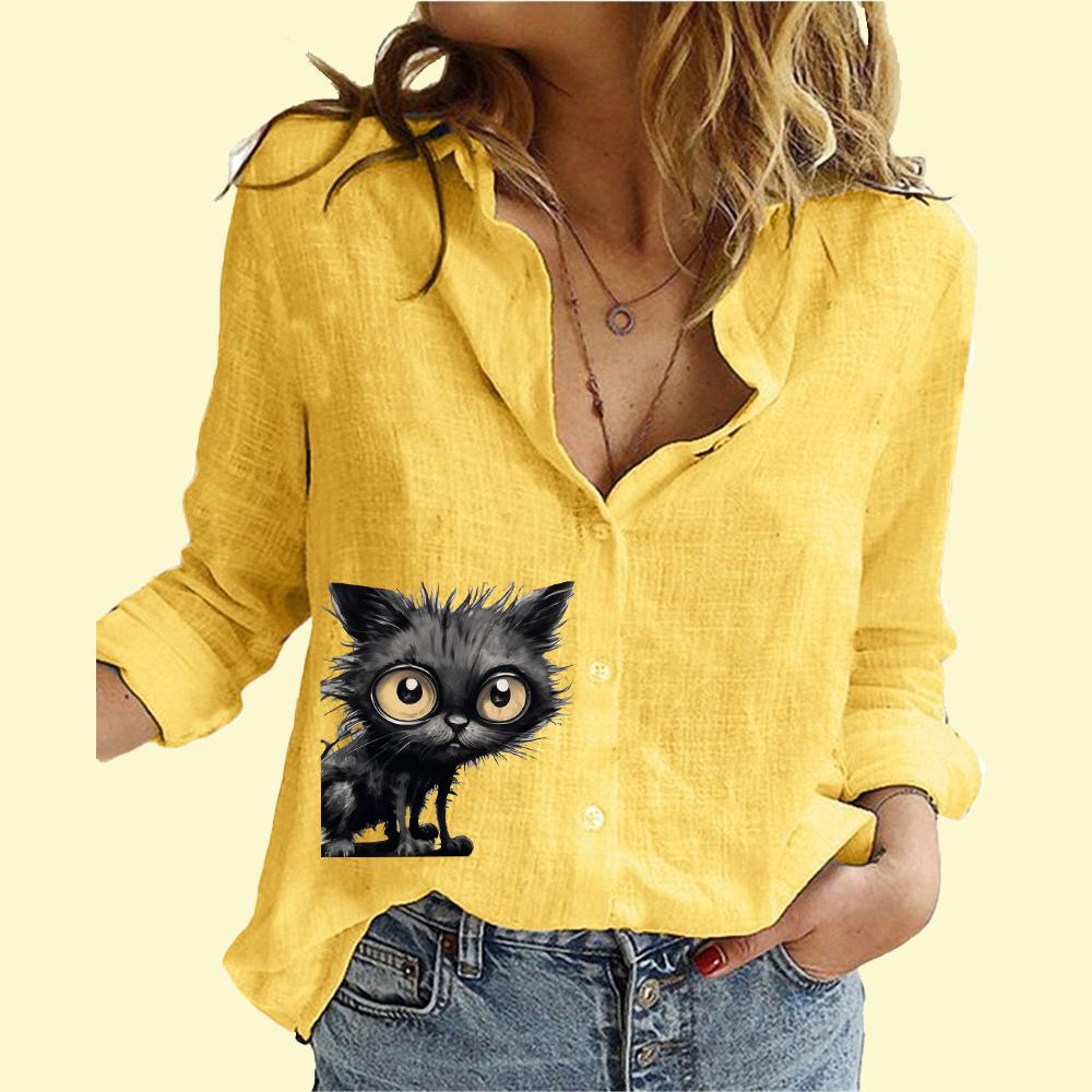 Женская модная рубашка на пуговицах, повседневная, тонкая, с длинным рукавом, женская хлопковая льняная блузка с принтом кота