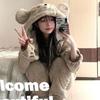 Thicken Bear Pajama Set Women Korean Chic Loose Casual Hooded Coral Fleece Winter Kawaii Cute Cartoon Plus Velvet Home Wear Suit